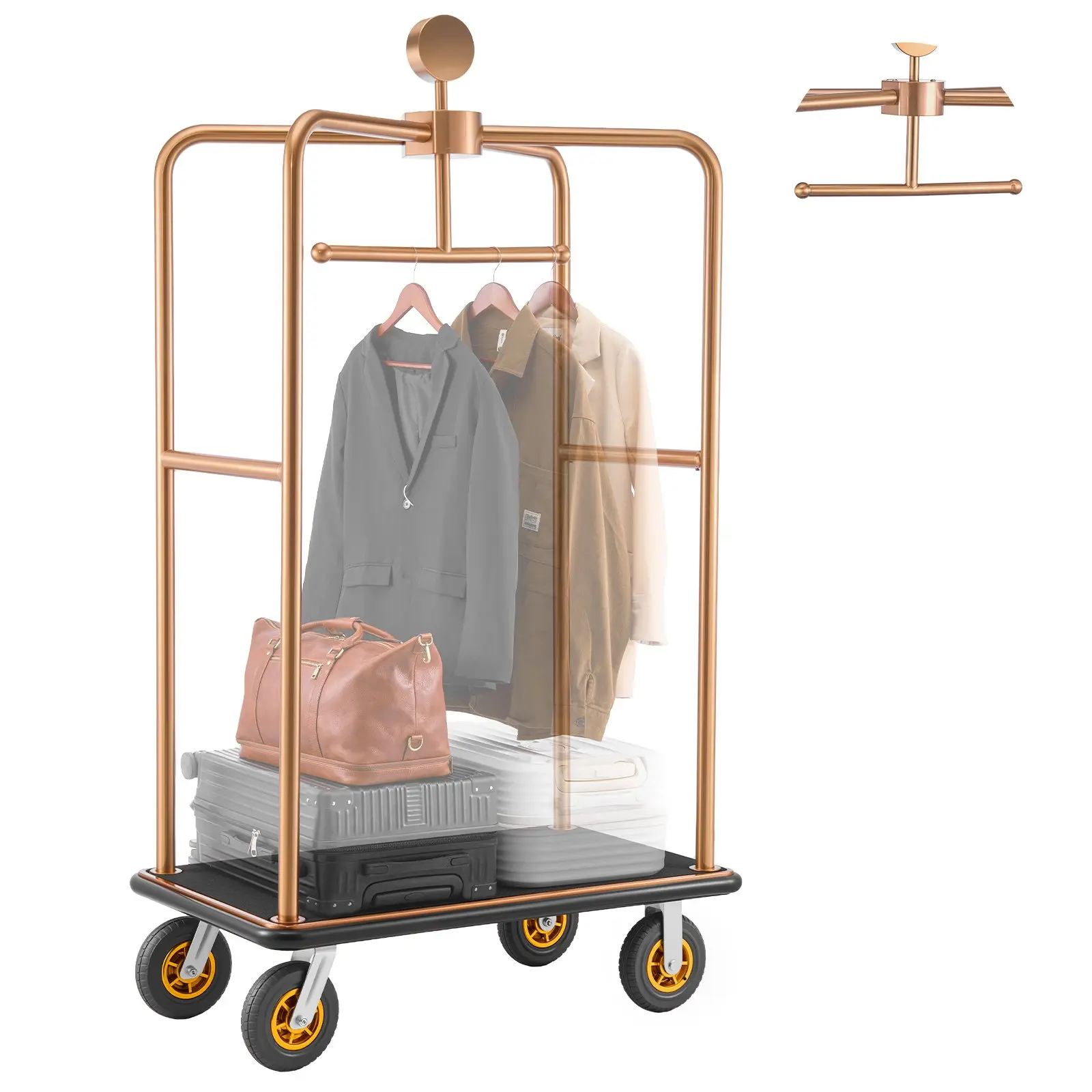 VEVOR Heavy Duty Bellman Luggage Cart, 1200 lbs Capacity Stainless Steel Frame, 8 in Rubber Wheels, Black Carpeted Flat Top, 42.5 x 25.6 x 77.2 in 76.83 lbs Commercial Carrier Trolley for Hotels, Apartments, Resorts, Anti-Wobble Design