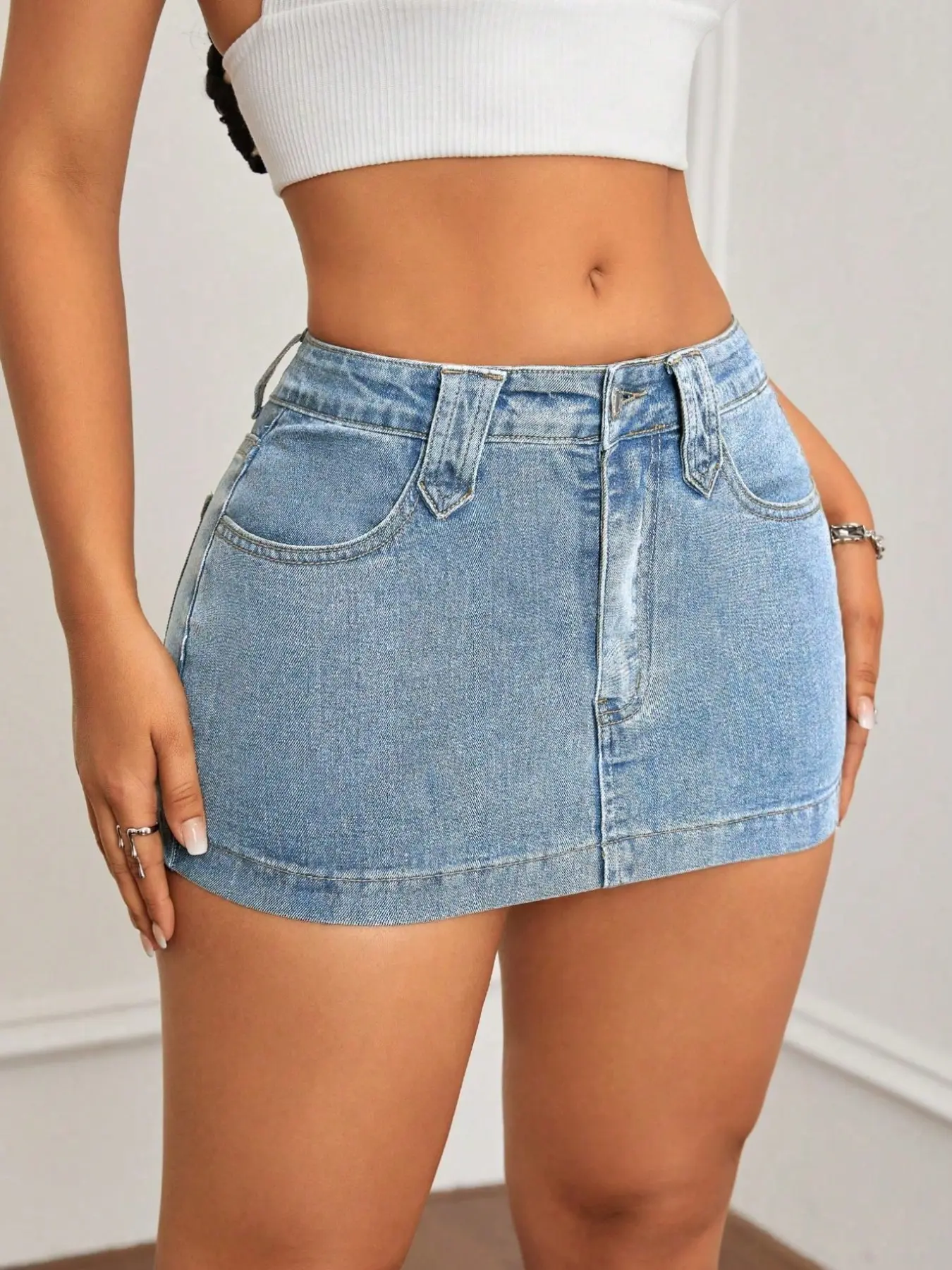 Vintage Blue Fit Denim Mini Jean Short Casual Fitted Skirt for Women - Casual Style, Regular Fit, Above Knee, Cotton Material, Multi Belt Loops, No Sheer Material Chic Womenswear