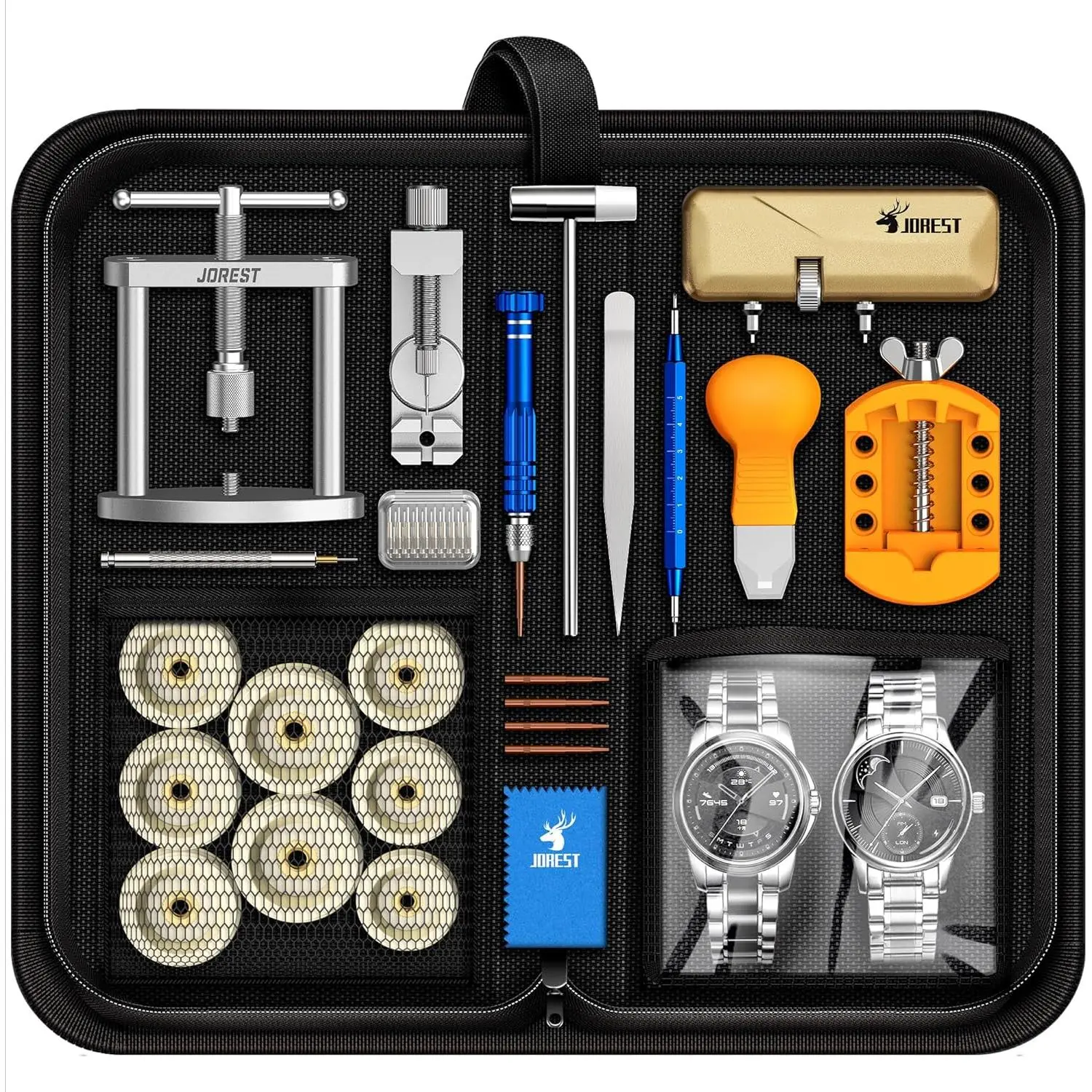 Watch Repair Kit + Watch Press Tool, Battery, Strap Adjustment, Wrench Opening Back Cover, Case Opener/Closer, Link Remover Sizing Bracelet, Screwdriver Band Pin Removal, Bar