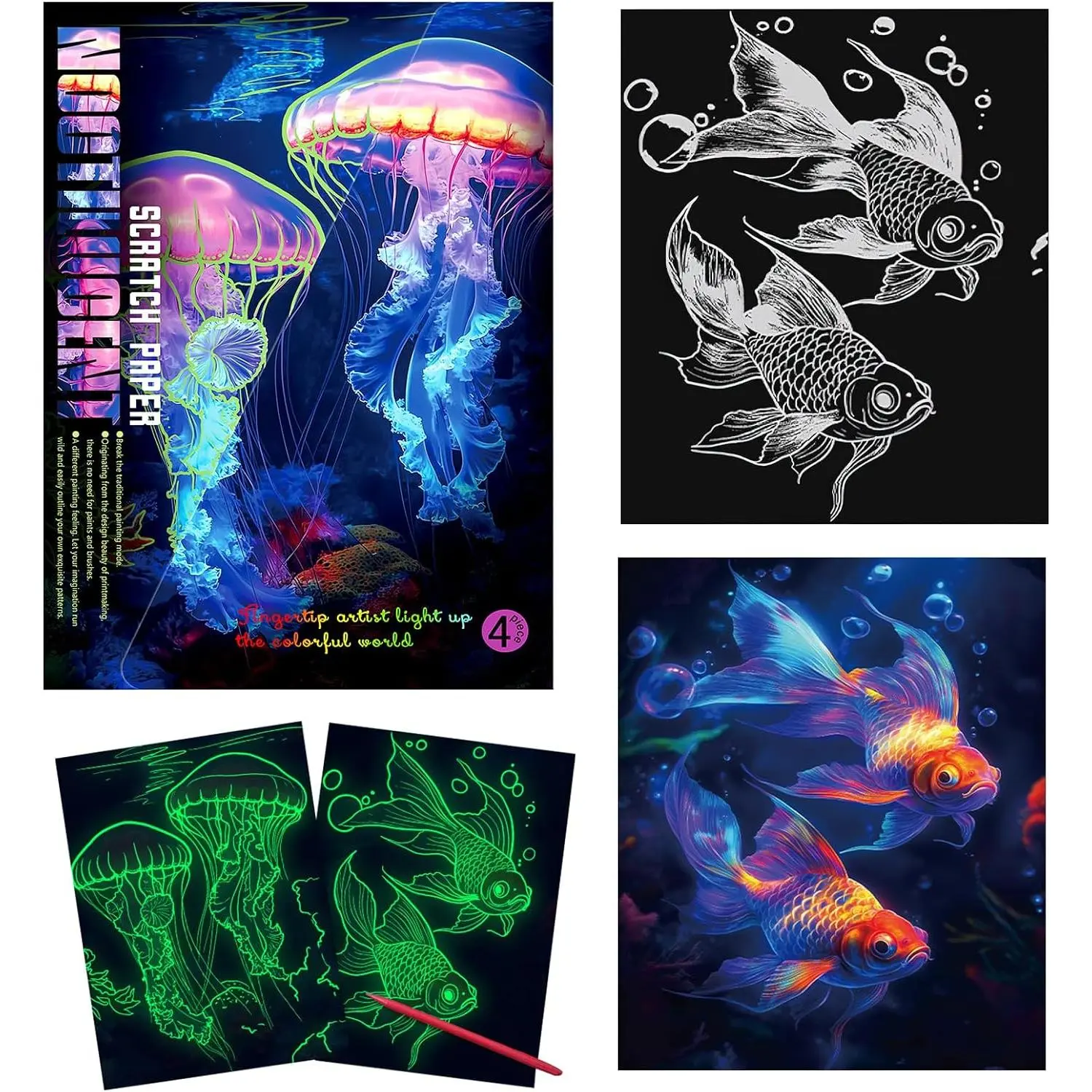 Scratch Art for Adults & Teens,4 Sheets Glow in The Dark Rainbow Scratch Paper,Beautiful Night View Scratch Painting(Seabed World)