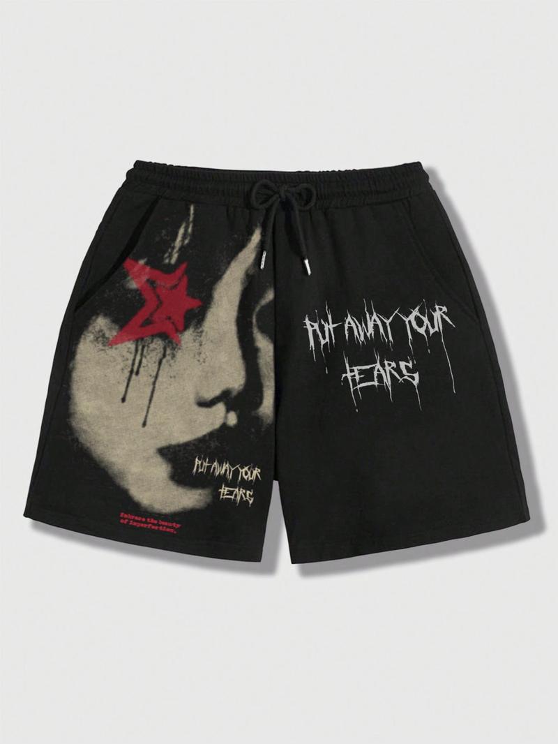 Men's Regular Fit Star & Letter Print Drawstring Waist Shorts, Street Casual Pocket Shorts for Summer, Fashion Men's Bottoms for Daily Wear, Athleisure Street Shorts, Casual Streetwear Shorts