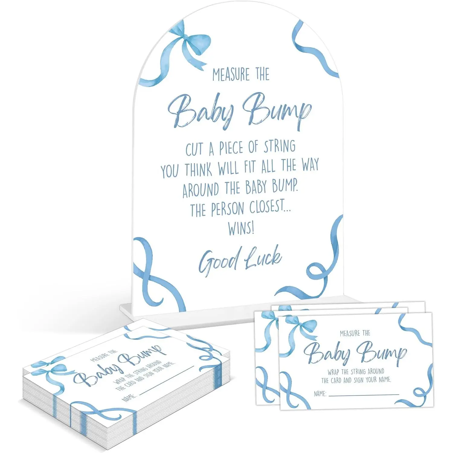 Shower  - Blue Bow Measure The  Bump , 1 Arch  Sign and 50 Guessing Cards,  , Blue  Shower Decoration Supplies (DP02)