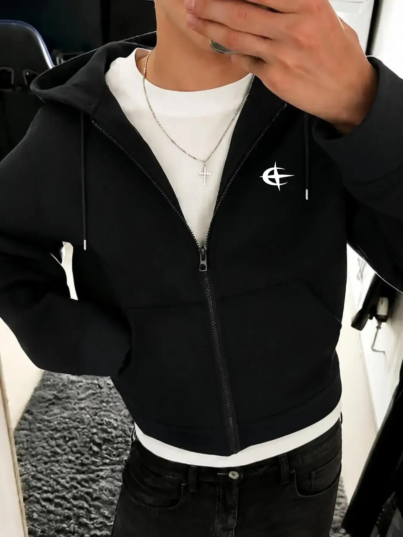 American Style Cleanfit Short Zipper Hooded Sweatshirt, Loose Fit, Star Print, Pocket & Drawstring, Streetwear, Casual