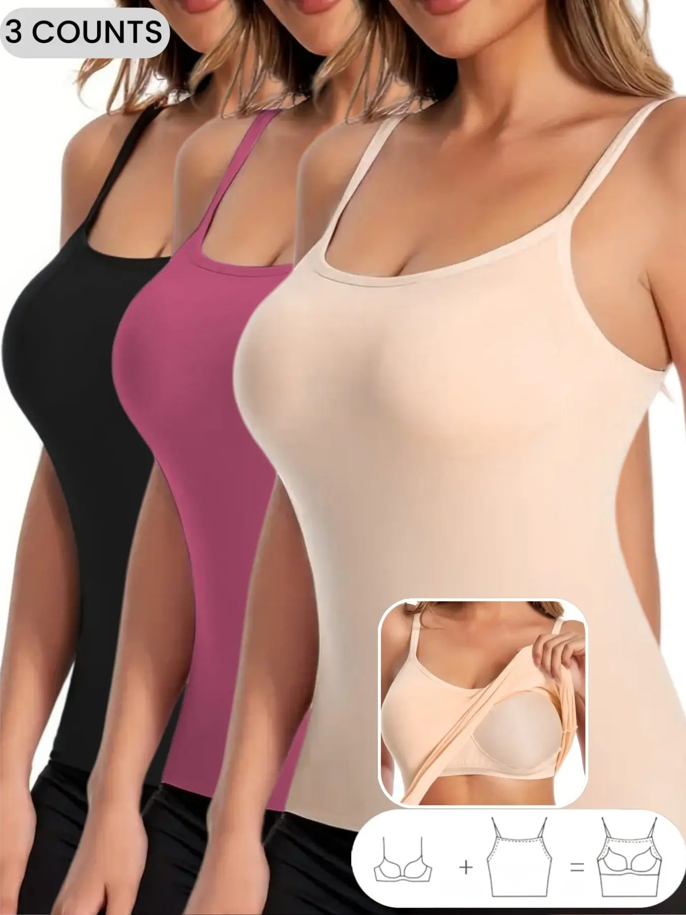 Women's Solid Color Padded Shapewear Cami Top, Body Shapers, Adjustable Straps, Breathable Comfortable Shaper Top, Built in Bra, Tummy Control Shapewear for Daily Wear or Outdoor, Lingerie for Fall & Winter, Soft Stretch Fabric, Keep Warm Lingerie