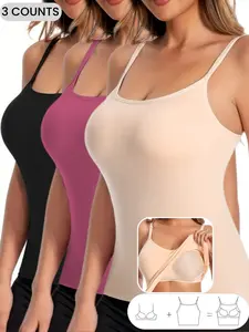Women's Solid Color Padded Shapewear Cami Top, Adjustable Straps,Breathable Comfortable Shaper Top, Built in Bra,Tummy Control Shapewear for Daily Wear or Outdoor,Ladies Underwear for Fall & Winter,Soft Stretch Fabric,Keep Warm Lingerie