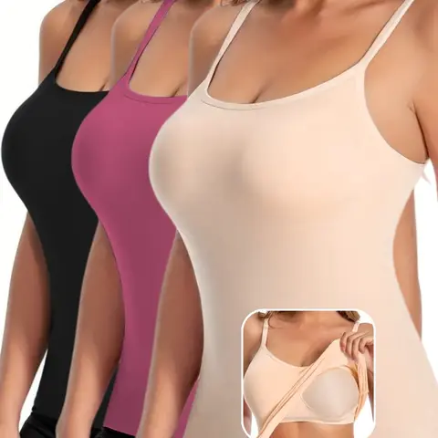 Women's Solid Color Padded Cami Top, Body Shapers, Adjustable Straps, Breathable Comfortable Shaper Top, Built in Bra, Tummy Control Shapewear With Built In Bra for Daily Wear or Outdoor, Lingerie for Fall & Winter, Soft Stretch Fabric, Keep Warm Lingerie