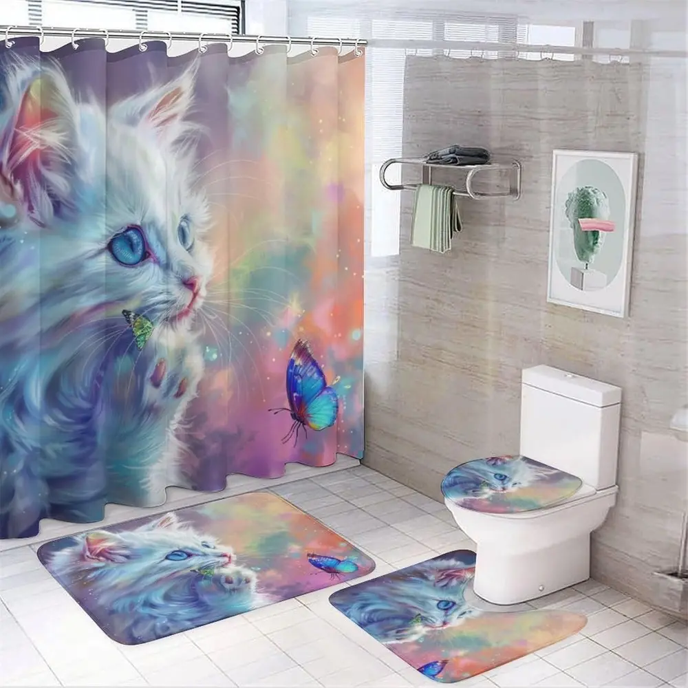 2D Cat Pattern Design, 4-Piece Bathroom Set, Modern Bathroom Decor, Includes Carpet (U-shaped Bath Mat, Toilet Cover) and 12 Durable Hooks, Non-Slip Floor Mat, Waterproof Shower Curtain, Polyester Fiber