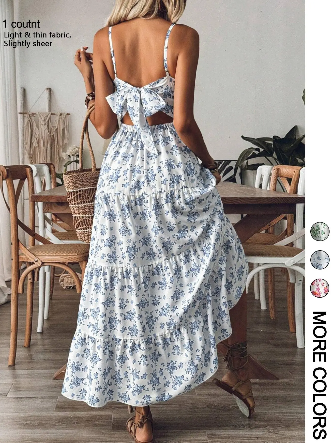 1 Pc Women's Boho Bohemian Floral Tiered Maxi Dress, Spaghetti Straps, Sleeveless and Back Cutout Bow Detail, Flowy Tiered Dress with Ruffle Hem, Lightweight Fabric, Multiple Floral Prints, Airflow Tiered Dress