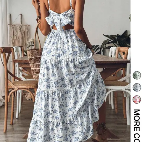 1 Pc Women's Bohemian Floral Tiered Maxi Dress, Spaghetti Straps, Sleeveless with Back Cutout Bow Detail, Flowy Ruffle Hem, Lightweight Breathable Fabric, Lightweight Woven Dress