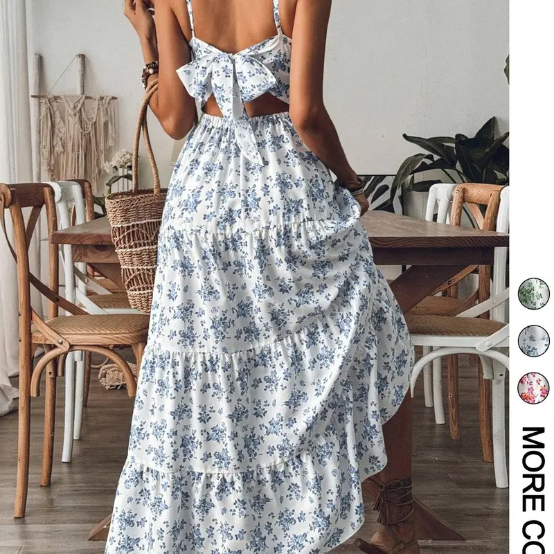 1 Pc Women's Bohemian Floral Tiered Maxi Dress, Spaghetti Straps, Sleeveless with Back Cutout Bow Detail, Flowy Ruffle Hem, Lightweight Breathable Fabric, Lightweight Woven Dress