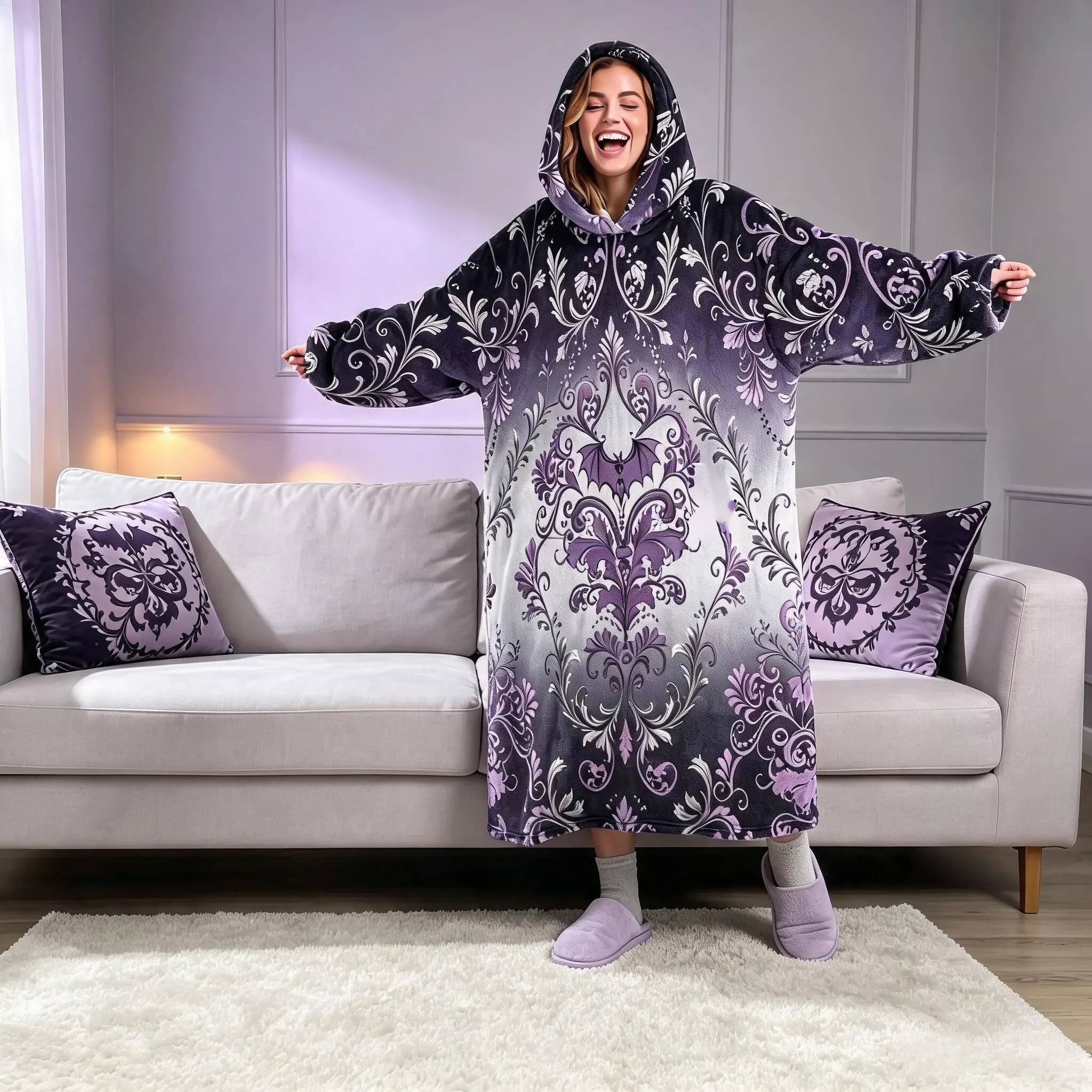 1pc Hooded Wearable Blanket, Baroque Bat Print, Warm Comfortable, Large Pocket, Home Lazy Blanket, Perfect Gift for Christmas, Valentine's Day