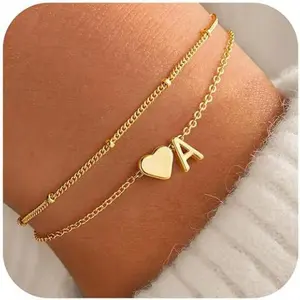14K Gold Plated A-Z Initial Anklet Bracelets Set, 2Pcs Dainty Layered Letter Heart Ankle Chain Waterproof Non Tarnish Summer Beach Foot Jewelry Vacation Travel Bracelet Holiday Gift