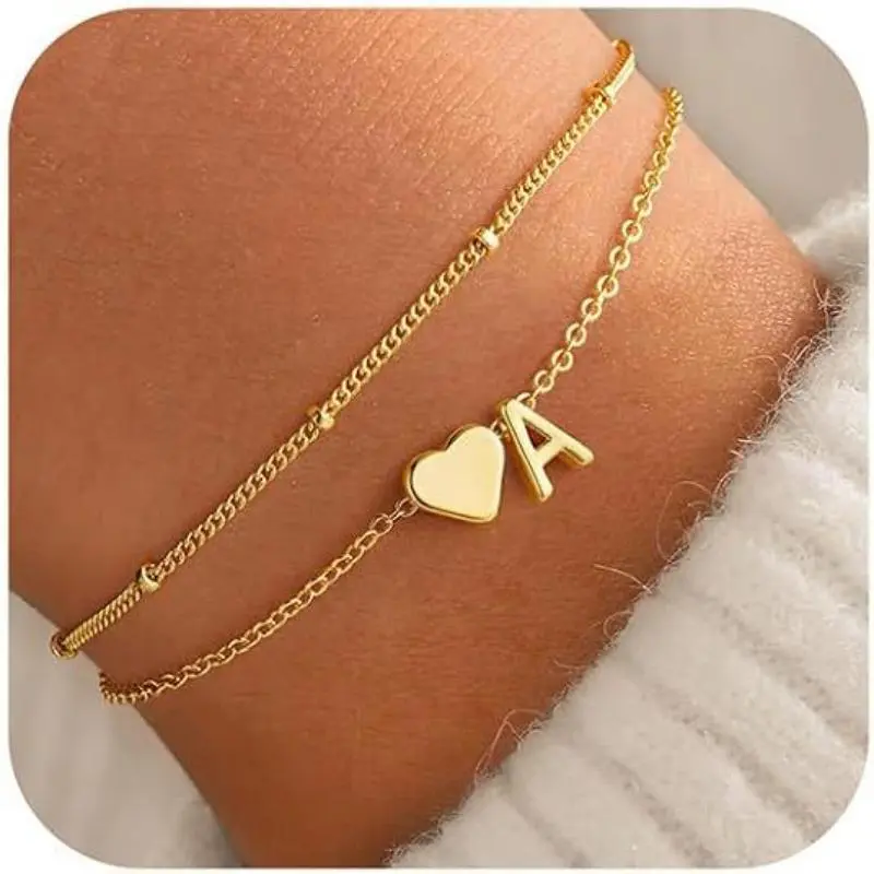 14K Gold Plated A-Z Initial Anklet Bracelets Set, 2Pcs Dainty Layered Letter Heart Ankle Chain Waterproof Non Tarnish Summer Beach Foot Jewelry Vacation Travel Bracelet Holiday Gift