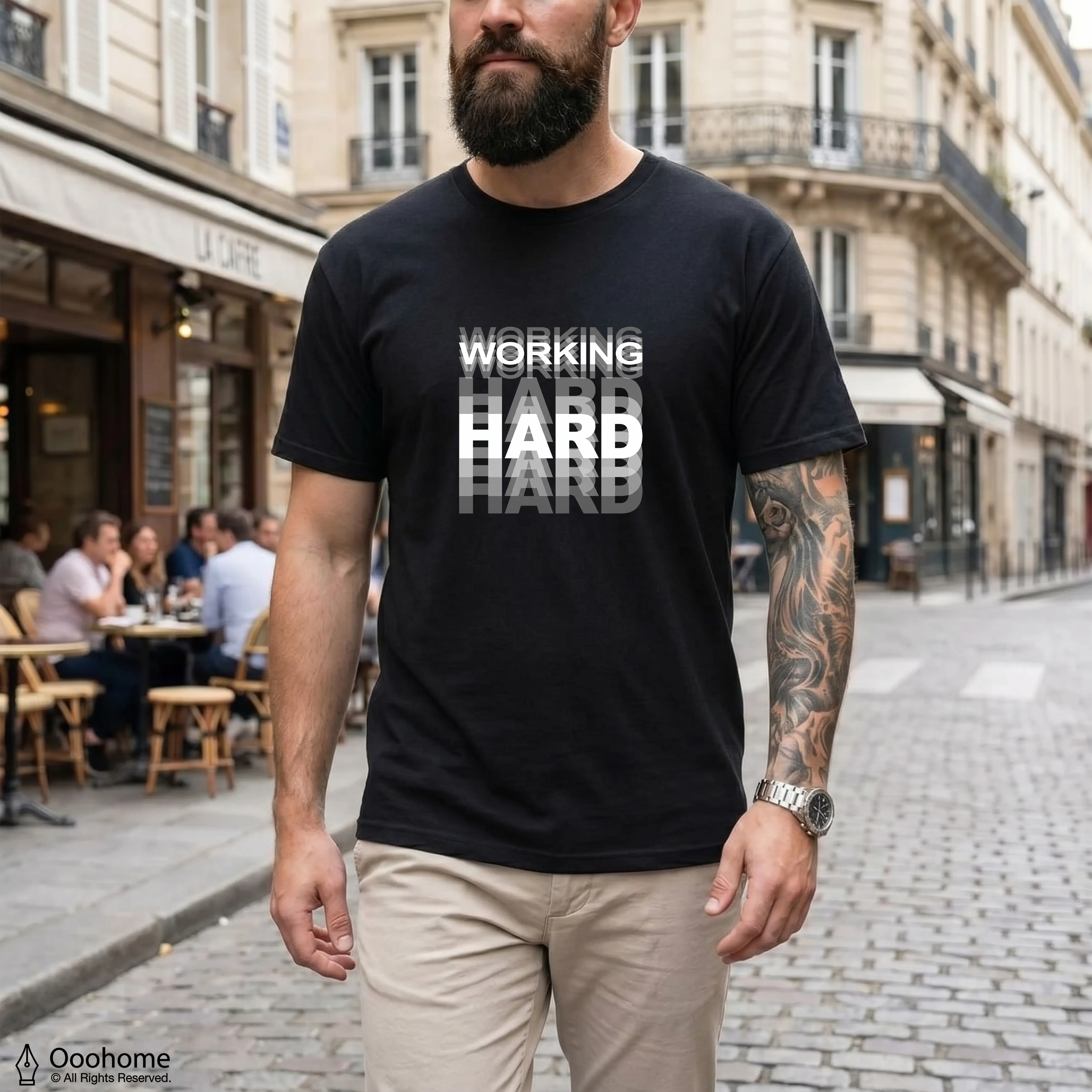 Funny "Working Hard" Double-Vision Graphic Tee – 100% Cotton Casual Streetwear, Hilarious Gift for Husband, Friend, Coworker, Birthday Present, Work-from-Home Essential