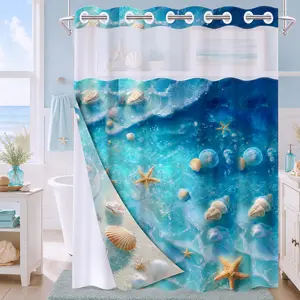 1 Piece No Hook Double Layer Shower Curtain, 3D Ocean Beach Print Bath Curtain, Waterproof, Mildew Resistant, Durable Fabric, Coastal Home Decor, Removable Liner, Top See-Through Window, Partition Curtain 71"×74"