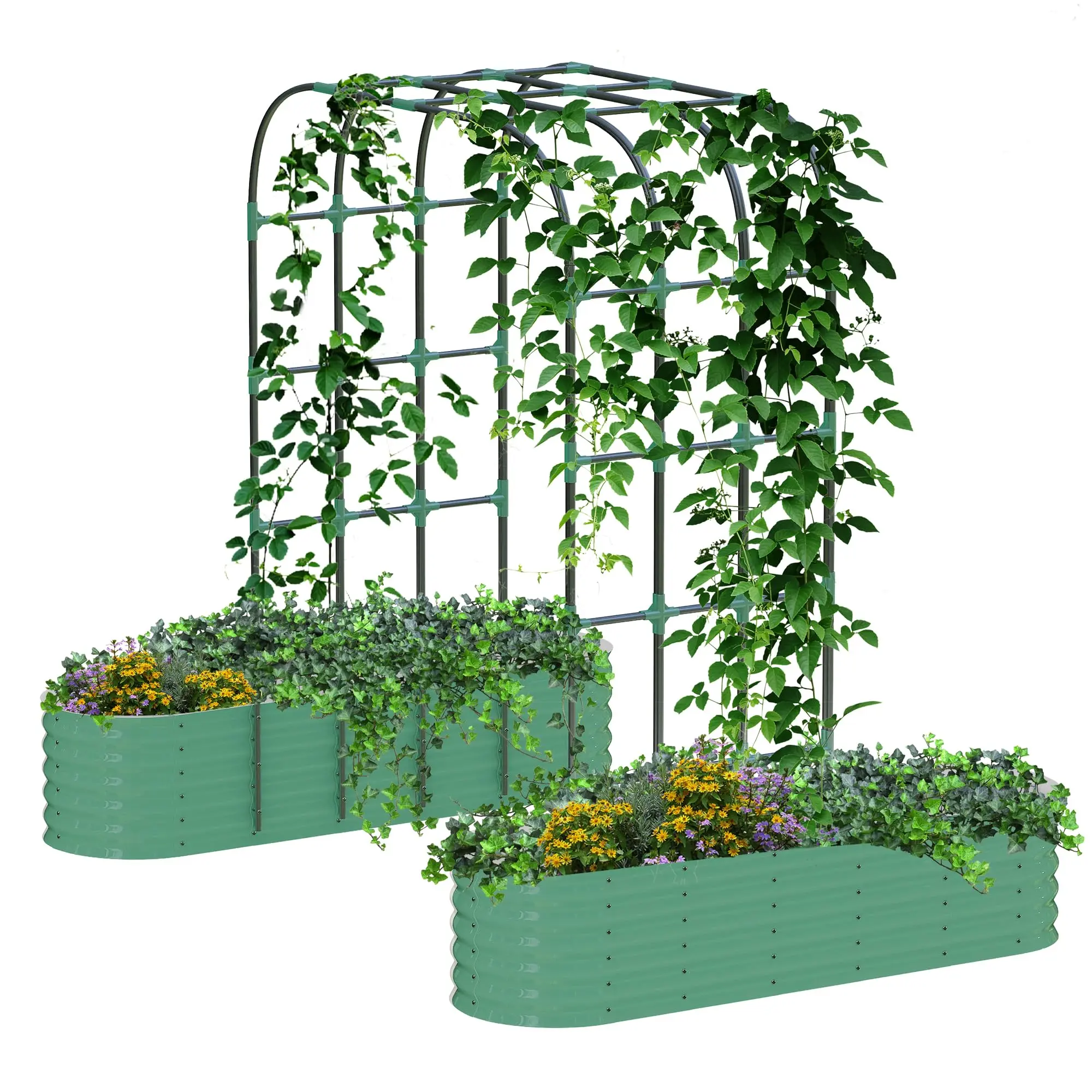[Huge Clearance! Low Cost for Next‑Year Gains]2Pcs Raised Garden Bed Set 200x60x45cm Planter Box + 180x90x240cm Arch Trellis Climbing Frame 0.6mm Color Steel Metal Vegetable Flower Planters with Butterfly Nut Assembly