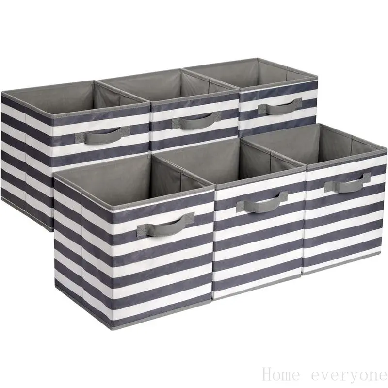 Basics Collapsible Fabric Storage Bins with Handles, Cube Organizer for Home Organization, 10.5"x10.5"x11", White/Light Grey Stripe, 6-PackBuymanyHome eyeryone