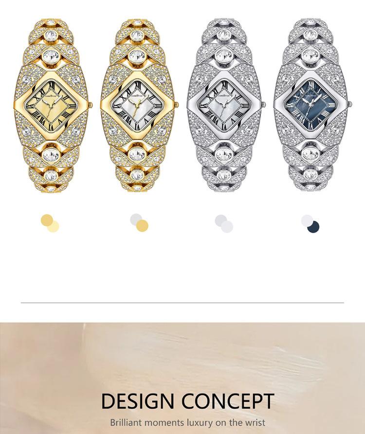 Women's Luxury Gold Iced Out Diamond Bracelet Watch - Square Mother of Pearl Dial with Roman Numerals, Fully Bling Crystal Encrusted Quartz Wristwatch, Perfect Gift for Her