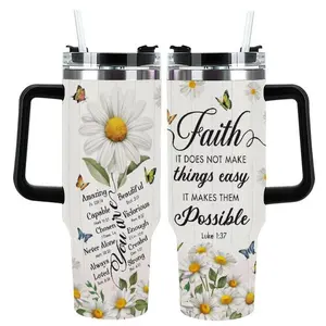 Faith It Makes Them Possible Tumbler, Daisy Butterfly Christian Bible Verse Design, Inspirational Insulated Travel Cup for Women Believers