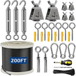 String Lights Suspension Kit 200FT 304 Stainless Steel Wire Rope Black Nylon Coated Cable Heavy Duty Outdoor String Light Hanging Kit for Garden, Patio and Backyard(Quick Installation System)