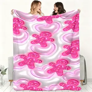 Trendy Flannel Throw Blanket with 2D Bubble Glow Gingerbread & Heart – Soft Cozy Blanket for Y2K Bedroom Decor, Christmas Gift for Girlfriend Besties, Aesthetic AF Pink Holographic Home Decor ﻿ ﻿ ultra-soft comfortable