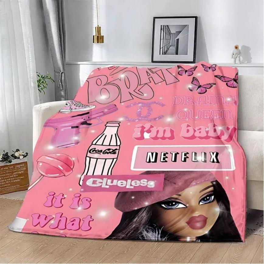 Bratz Girls Flannel Blanket Y2K Aesthetic Passion For Fashion Pink Soft Warm Throw For Gamer Room Decor Dorm Essential Bed Sofa Kids Home Holiday Gift