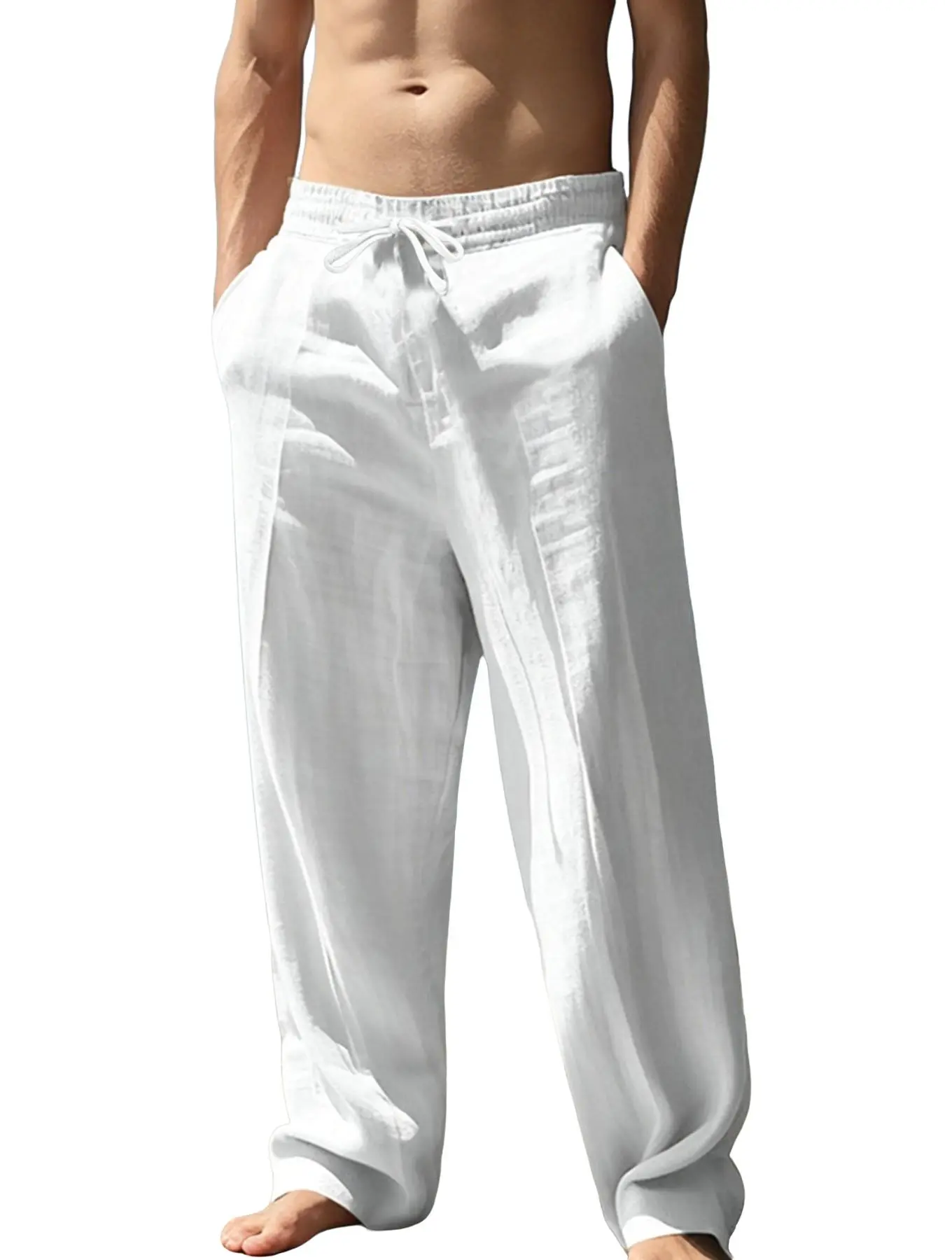 Men's Casual Linen Blend Pants, Elastic Waist Straight Leg Trousers with Drawstring, Breathable Lightweight Loungewear Pants, Loose Fit Casual Sweatpants for Home, Yoga, Beach, Summer Daily Wear