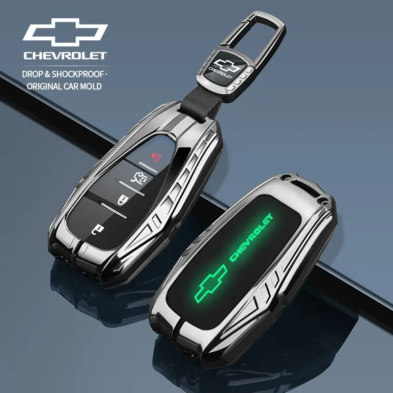 Metal car key protective case, remote key protective shell, keychain accessory, key cover, Car Key Protector, for 2/3/4/5-button keys, glow-in-the-dark back, suitable for Chevrolet Camaro, Equinox, Malibu, Trailblazer, Tahoe, Suburban, Blazer, and Trax