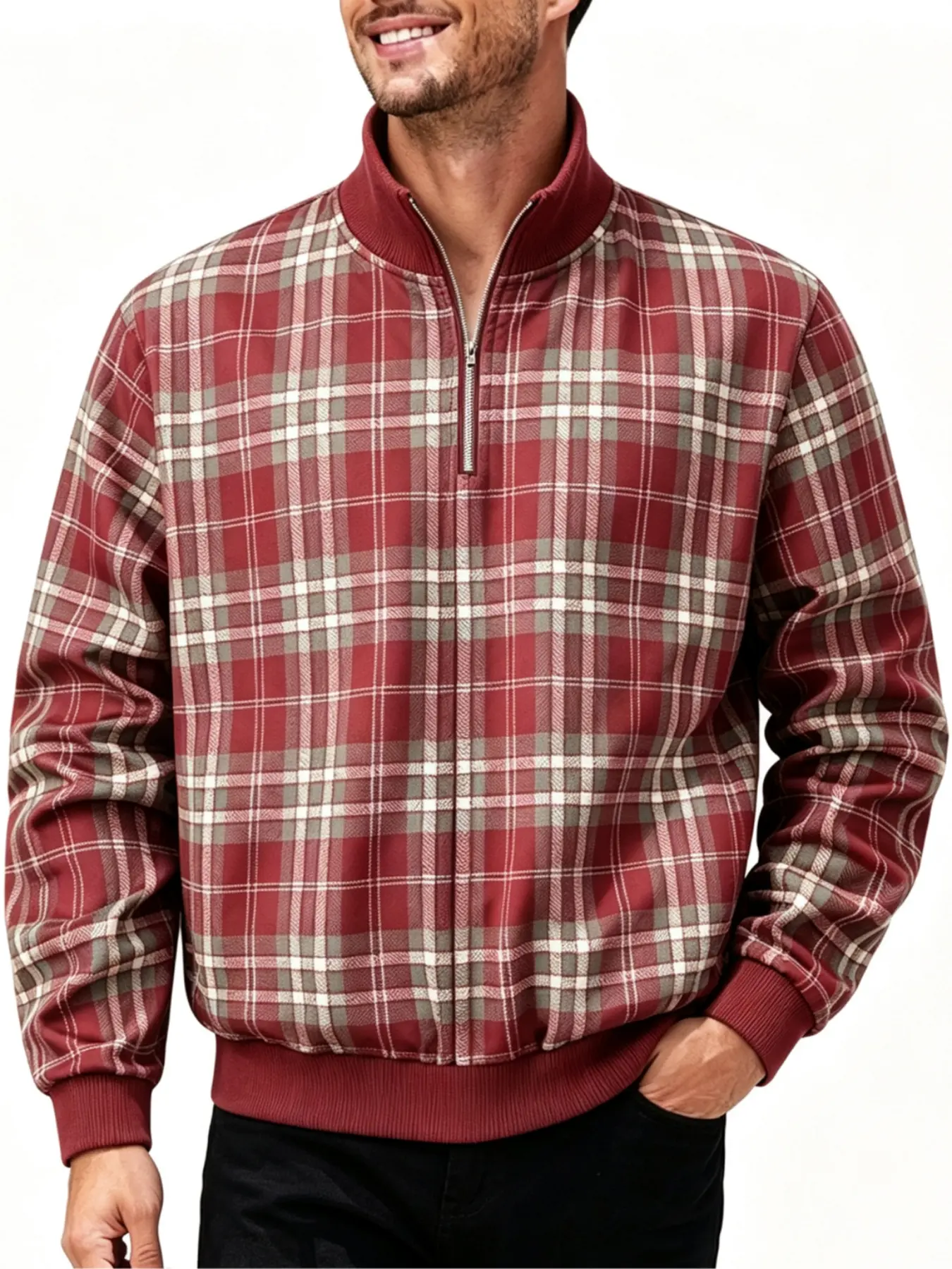 Men's Vintage Classic Plaid Pullover, Quarter-Zip Baseball Jacket, Stand Collar Ribbed Trim, Loose-Fit Long Sleeve, All-Season Casual Outerwear