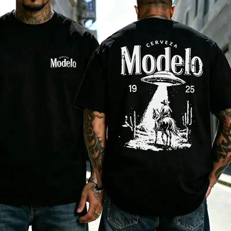 Retro Western Style "Modelo" Printed Short Sleeve T-Shirt for Men - Loose Fit Heavyweight Cotton Streetwear Casual Top with Front & Back UFO Denim Washed Patterns, Crew Neck Versatile Basic Tee for Everyday Wear