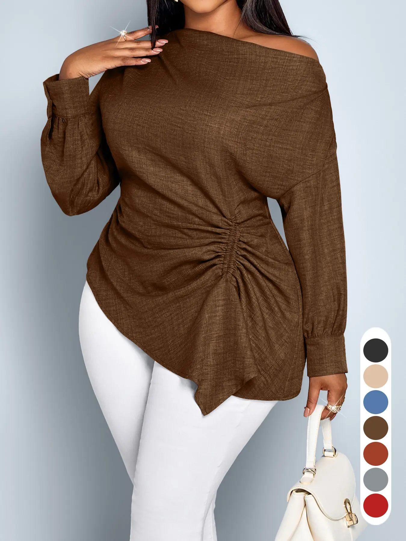 Women's Casual Long Sleeve Shirt Blouses, Solid Color Asymmetric Hem, Drawstring Butterfly Knot, Fitted, All Seasons, Daily Wear, Plus Size