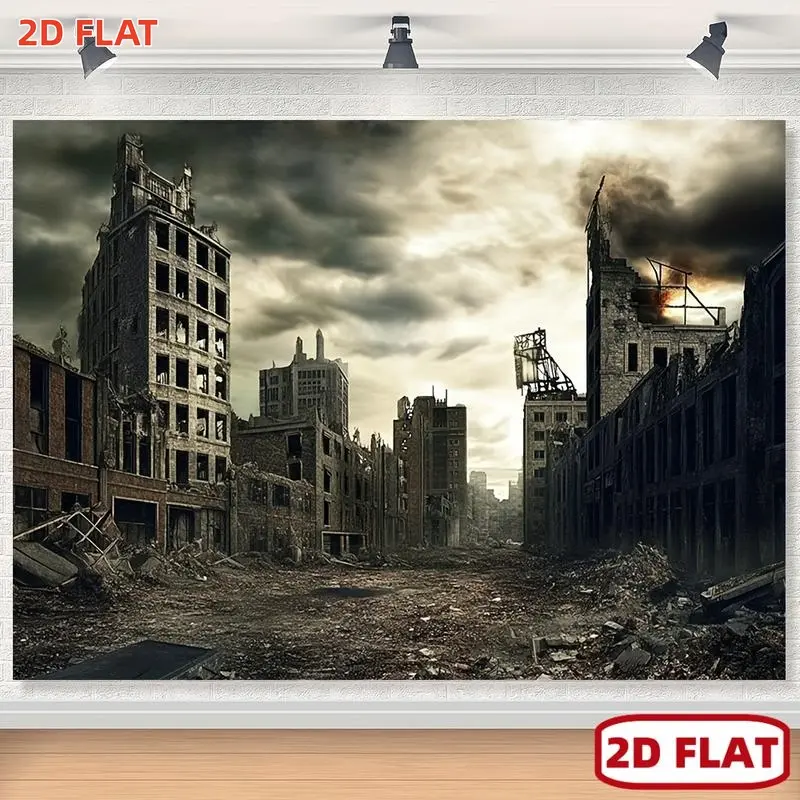 2D Flat, 1pc banner Large Post-Apocalyptic Revelation War City Banner-Heavy Black-Gray Ruined Scene with Collapsed Buildings, Scattered Rocks, And Ruins-Dystopian Movie, Video Game Wall Decor, Zombie Theme Party Backdrop