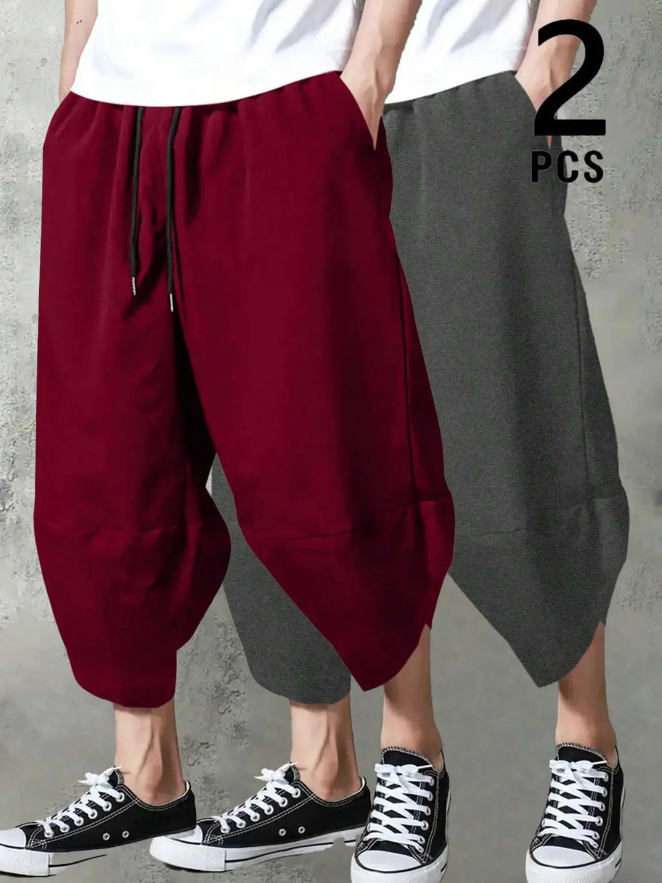 2 Pcs Men's Drop Crotch Harem Cropped Pants, Elastic Waist Drawstring Baggy 3/4 Length Casual Fit Streetwear Trousers, Casual Fit Bottoms, for Summer Daily & Skate Style Outfits