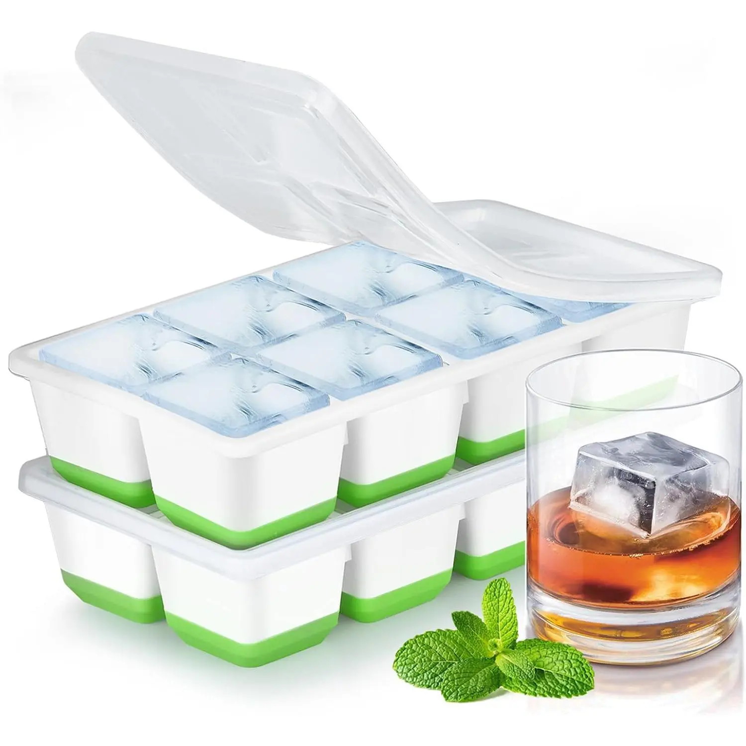 Large  Trays with Lid,  2 Pack Stackable   Molds for Freezer, Easy Release 16 Big Square Ice Trays for