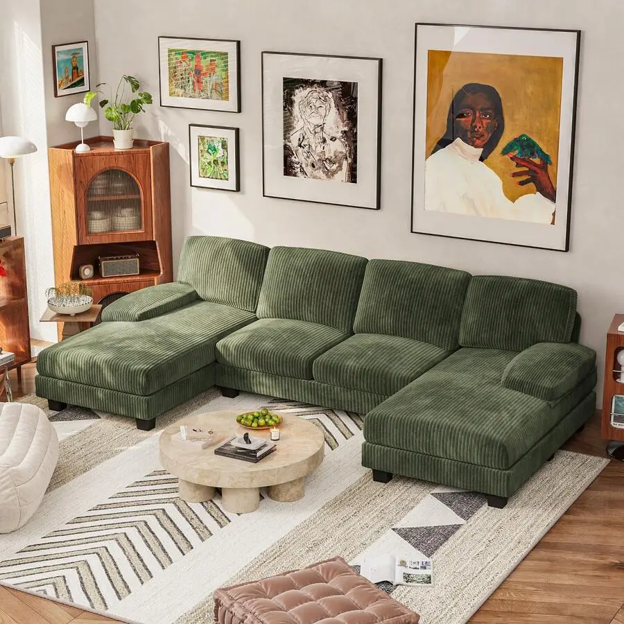 Flamaker Sectional Sofa Couches Living Room, U-Shaped Modular Sectional Sofa With Corduroy, 6-Seater Sofa Comfy Couch With  Double Chaise
