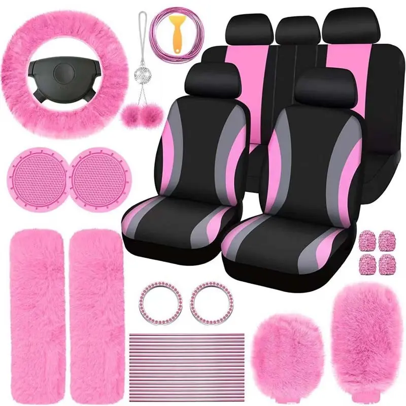 Car Seat Covers and Interior Accessories Combination: Lightweight and Breathable Polyester 5-Seat Car Seat Covers, Plush Steering Wheel Cover, Shoulder Pads, Gear Shift Cover, and Other Decorative Accessories, Suitable for Most Sedans and SUVs