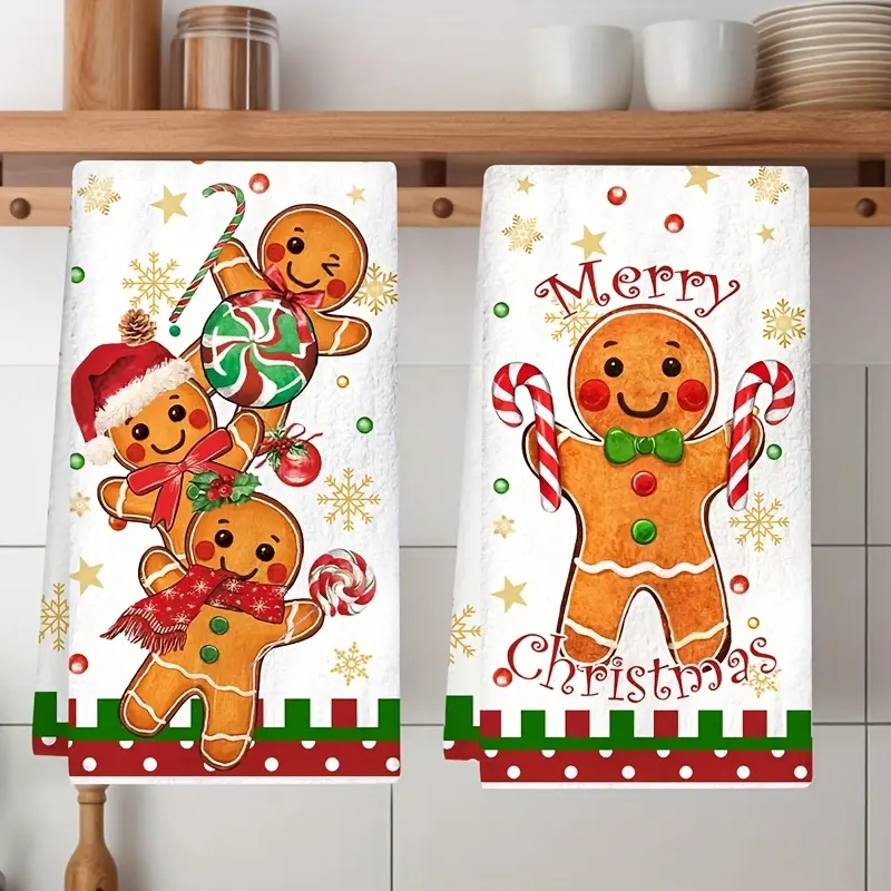 Two Christmas-themed kitchen towels in a gingerbread man design made of absorbent microfiber. These durable dish towels can be used as homey farmhouse decorations and are also perfect as housewarming gifts or Christmas decorations for your home.