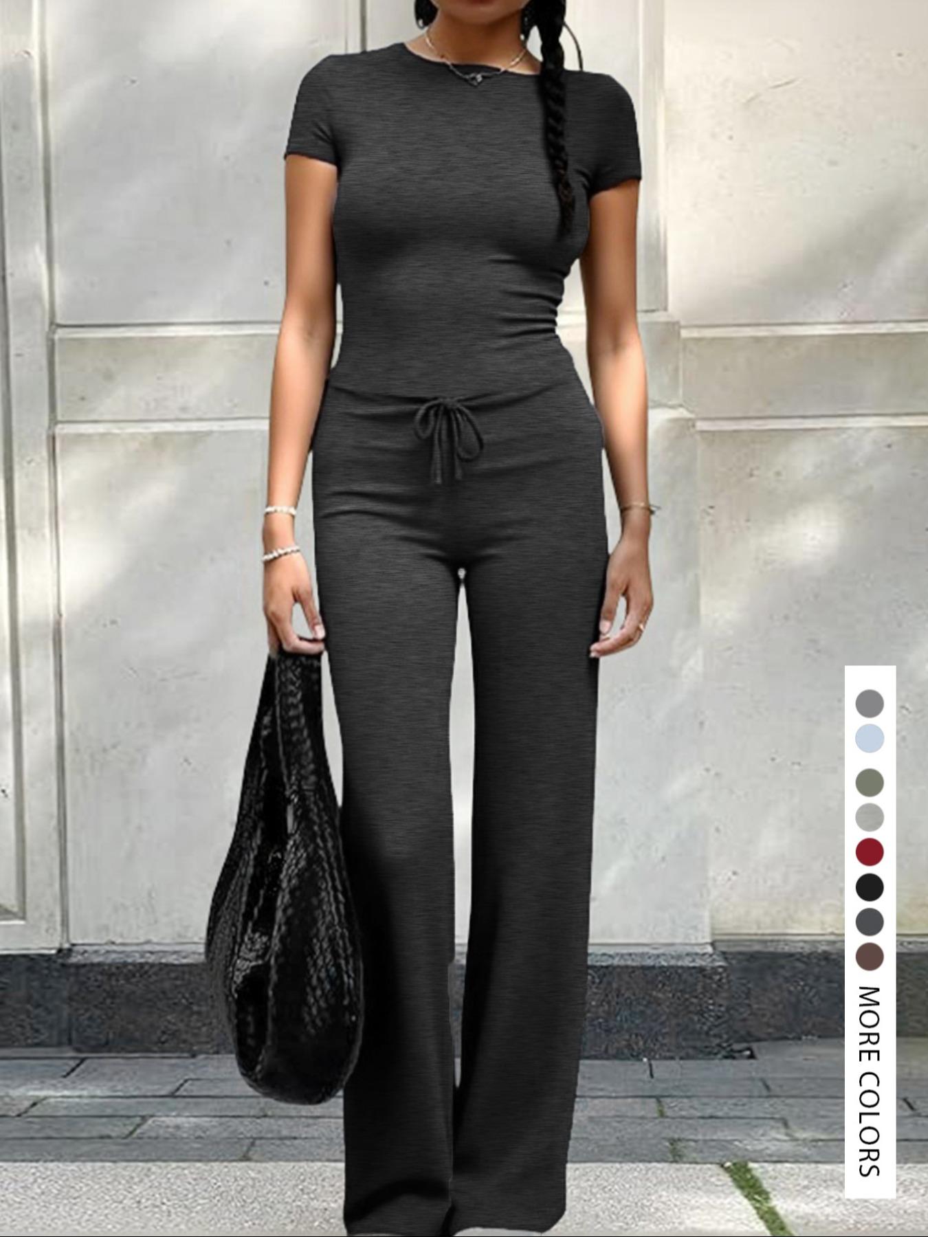 Women's Short Sleeve Top Long Pants Drawstring Casual Set, Fitted Knit Solid Color No Pocket Set, Elegant Style Summer