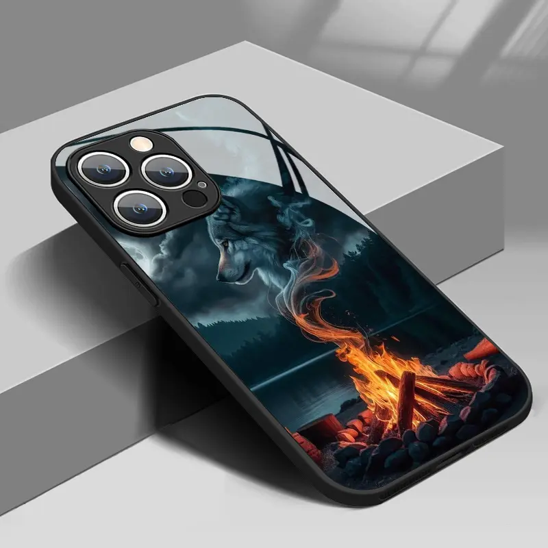 Phone case: Premium Flame Wild Wolf Pattern Tempered Glass Phone Case for iphone17 Air 16 15 Pro Max 14 Plus 13 12 11