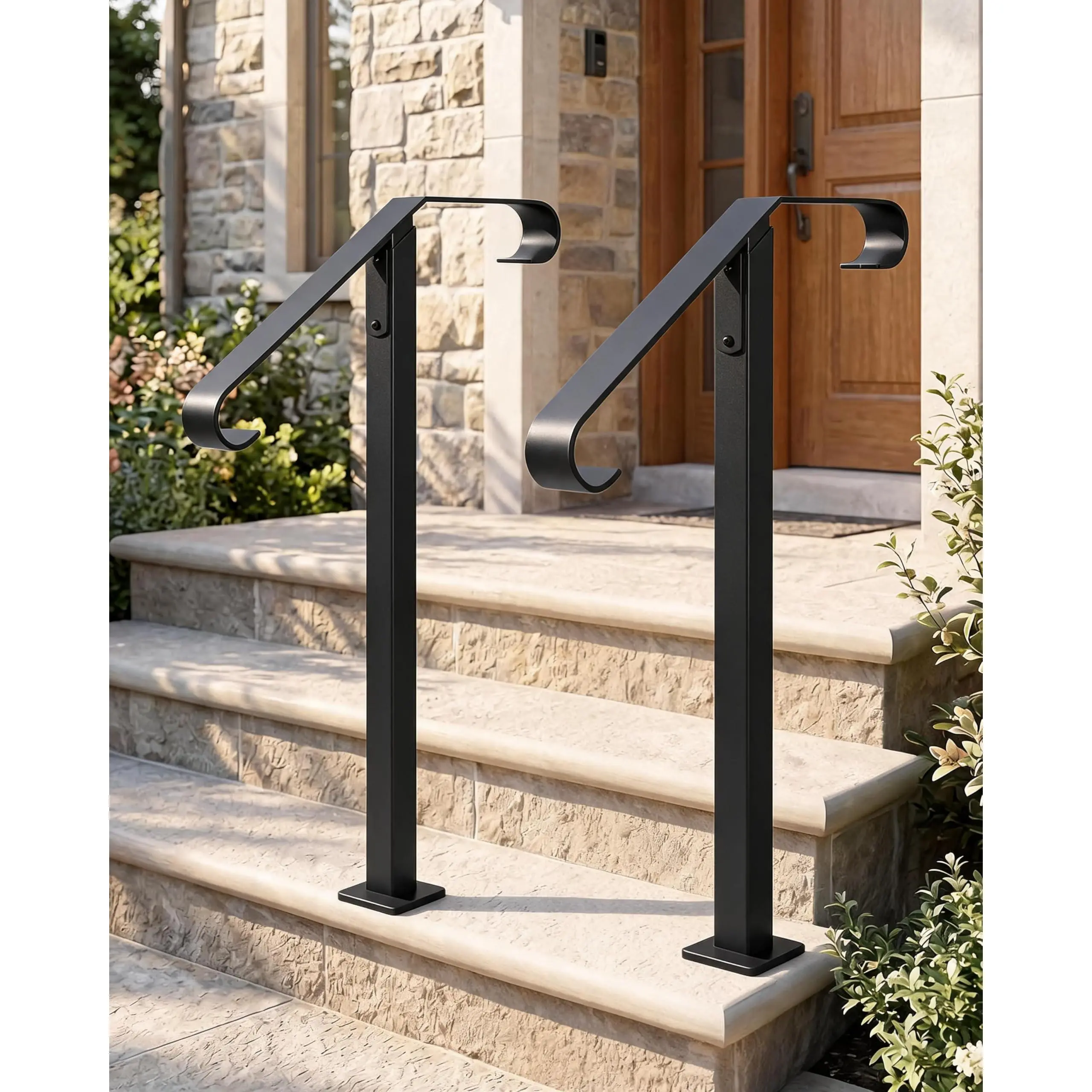 39" Wrought Iron Handrails, 1-Pack/2-Pack Single Posts for 1-2 Steps, Rust-Proof Powder-Coated Rails for Concrete or Wood Stairs