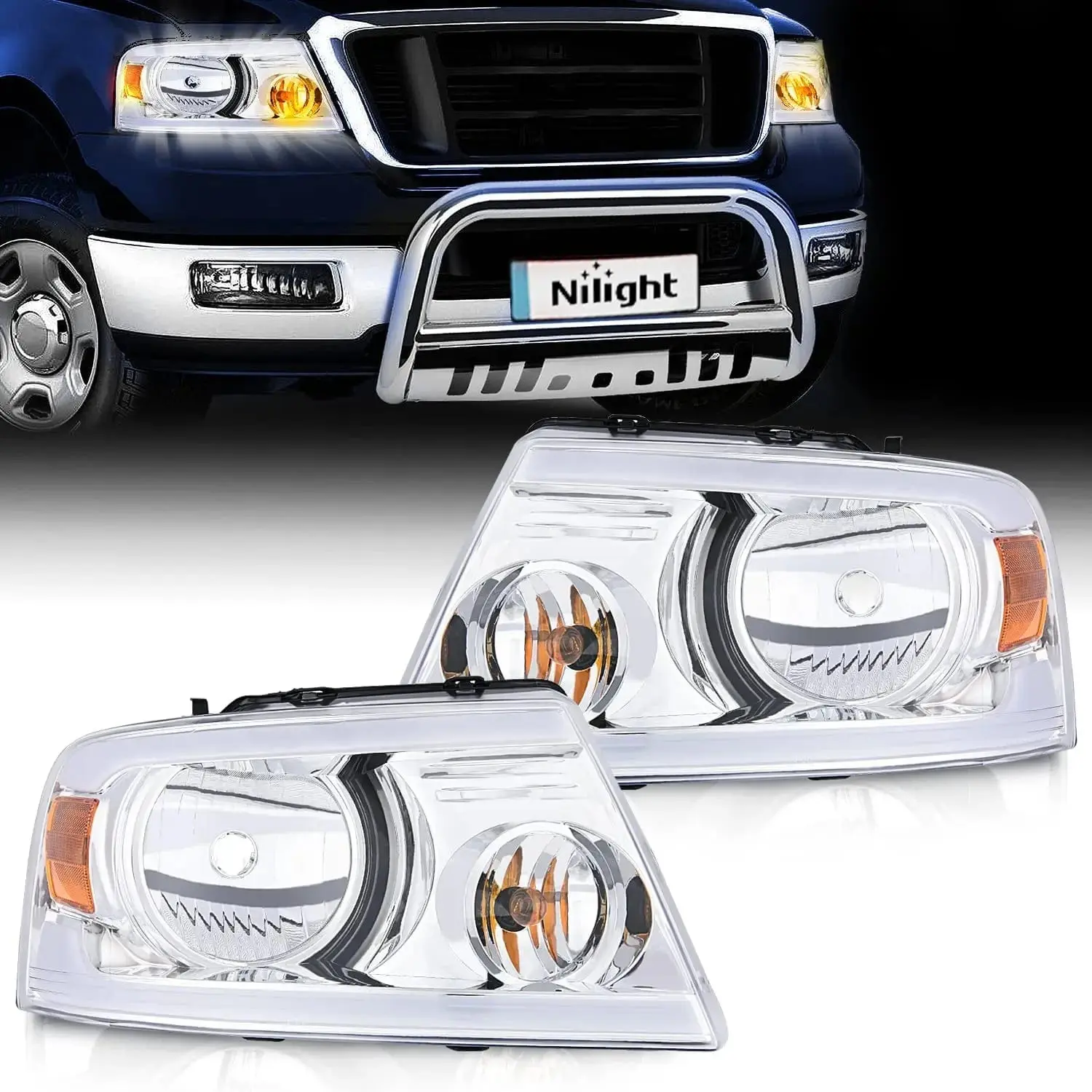 Nilight LED DRL Headlight Assembly - Chrome Case, Amber Reflector, Waterproof, Dustproof, Durable Car Lighting for 2004-2008 Ford F150 & 2006-2008 Lincoln Mark LT (Driver's & Passenger's Side), Led Light, Reflective