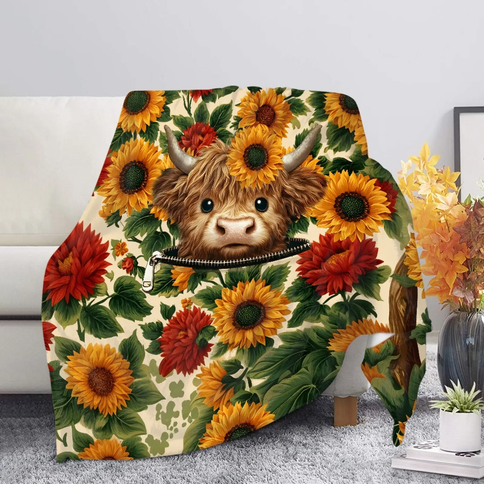 CLURUERSN High-Density Rustic Floral Cottagecore Daisy-Sunflower Highland Cow Printed Flannel Throw Blanket - Ultra Soft, Lightweight, Breathable, Fade-Resistant - for Adults, Indoor Daily Use, Camping, Indoor/Outdoor Home Decor