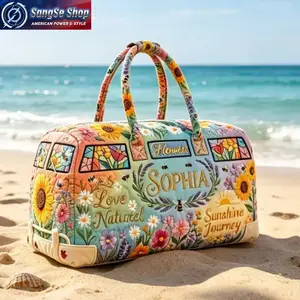 Summer Floral Bus-Shaped Quilted Embroidery Tote Bag, Stylish Spacious Multipurpose Handbag, Lightweight Durable Carryall Tote, Fashion Travel & Vacation Bag, Gym Workout Bag, Daily Shopping, Outdoor Activities and Casual Everyday Use Accessory