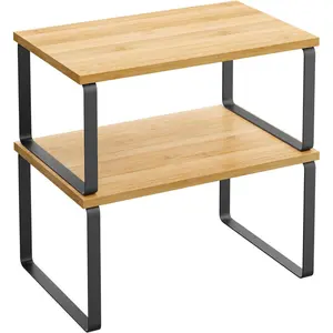 Cabinet Organizer Shelf, Set of 2 Kitchen Counter Shelves, Kitchen Storage, Spice Rack, Stackable, Expandable, Metal and Engineered Wood, Ink Black and Natural Beige UKCS02NB