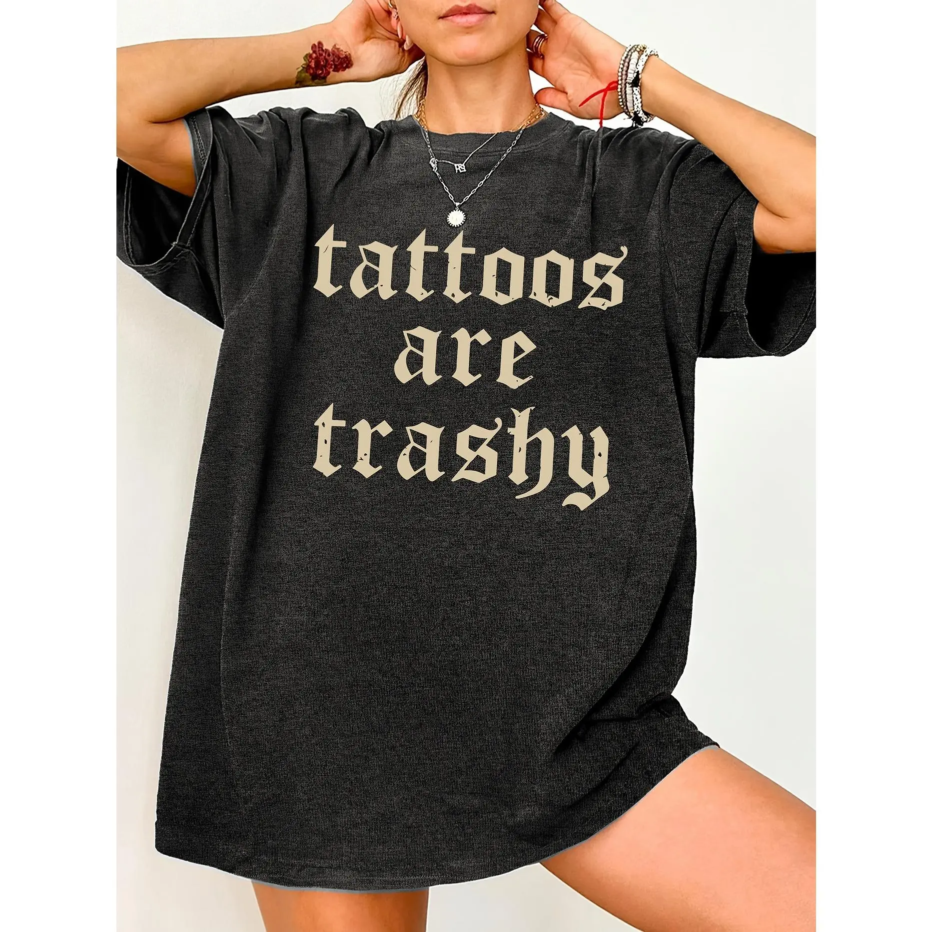 Tattoos Are Trashy Graphic Tee Vintage Washed Cotton Tshirt Gothic Font Tattoo Lover Irony Meme Oversized T Shirt Women Short Sleeve Crewneck Top Old English Gift Men Loose Casual Top
