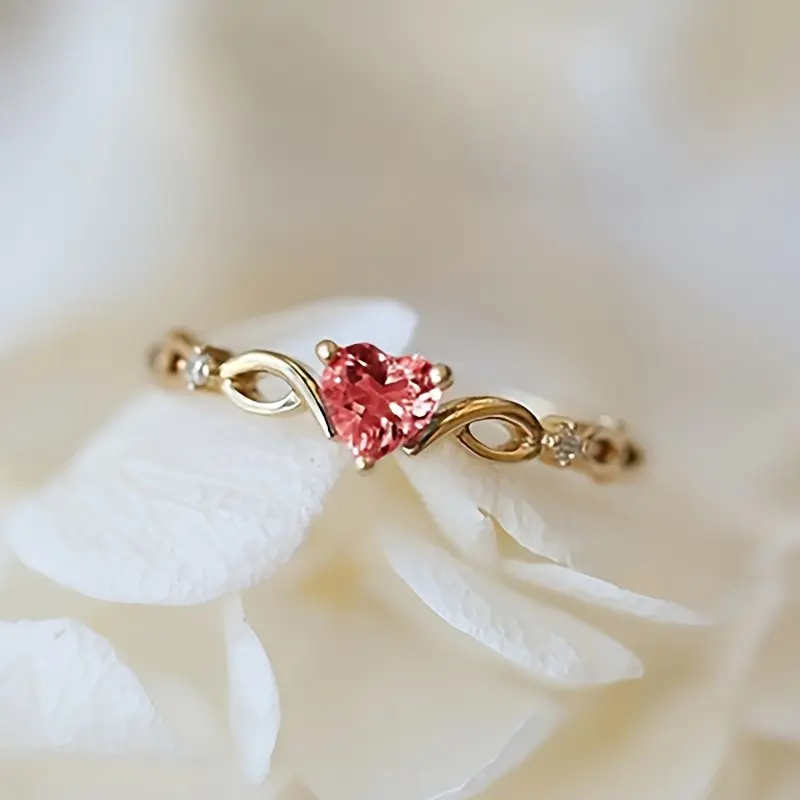 Heart Shape Engagement Ring for Women, Elegant Synthetic Ruby with a KC Gold Plated Finish, Stylish Everyday Anniversary Jewelry Gift