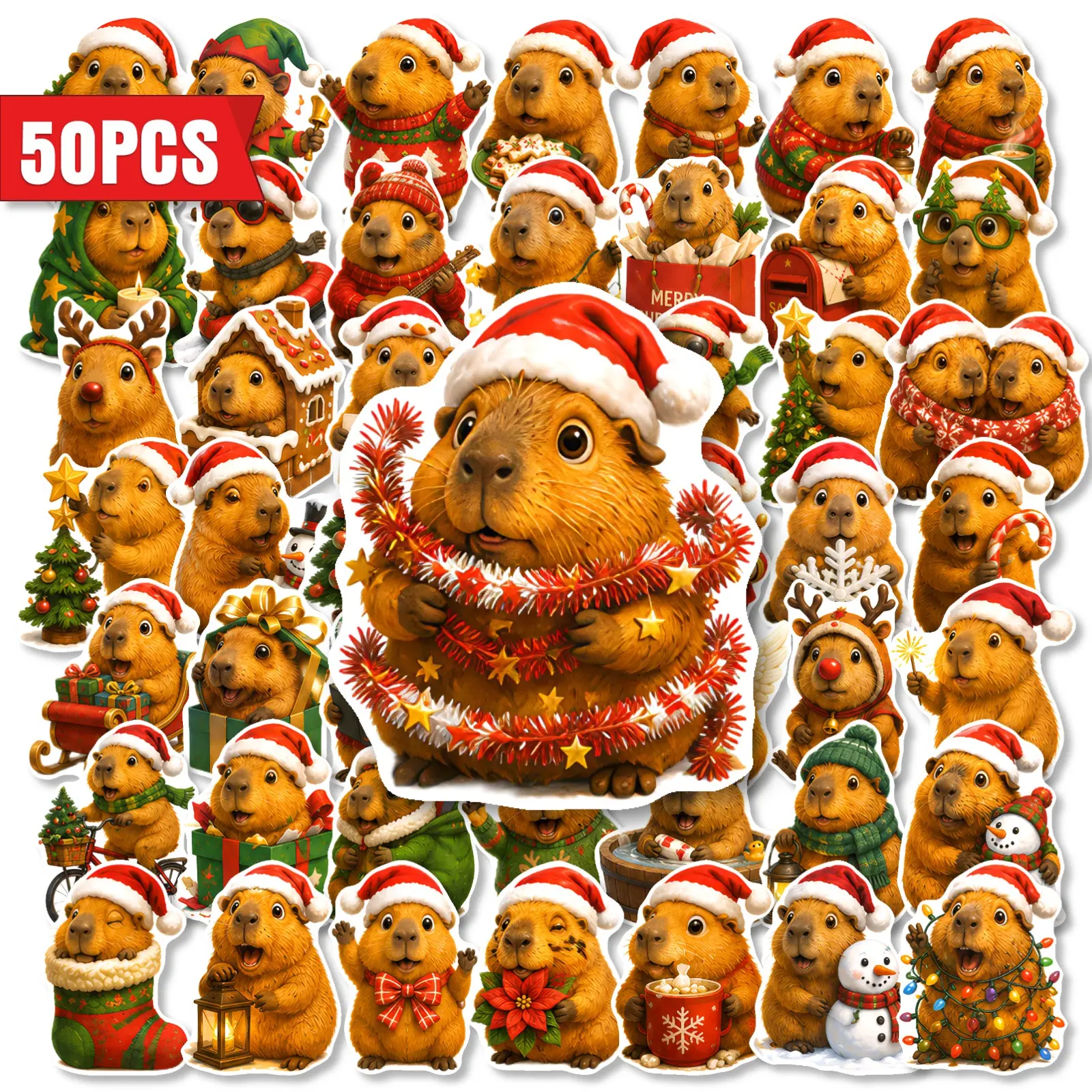 50 Pieces of Cute Capybara Christmas-themed Stickers, Office Supplies Suitable for Scrapbooks, Journals, Laptops, Water Bottles, Cars and More, Creative Birthday Gifts