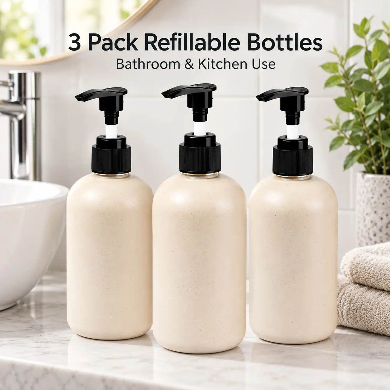 3 Pack 250ML Wheat Straw Pump Bottles, Natural Refillable Dispensers, Ideal for Shampoo, Conditioner, Lotion, Bathroom Storage