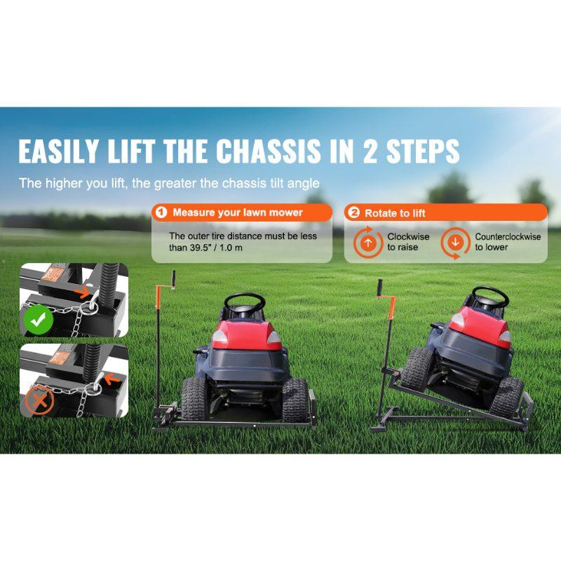 VEVOR Ride on Lawn Mower Lift Jack, 880 Lbs Weight Capacity, Telescopic Maintenance Jack with Crank Handle Power Tool Handle, Foldable Lawn Tractor Lifter for Lawn Mowers and Garden Tractors, Black
