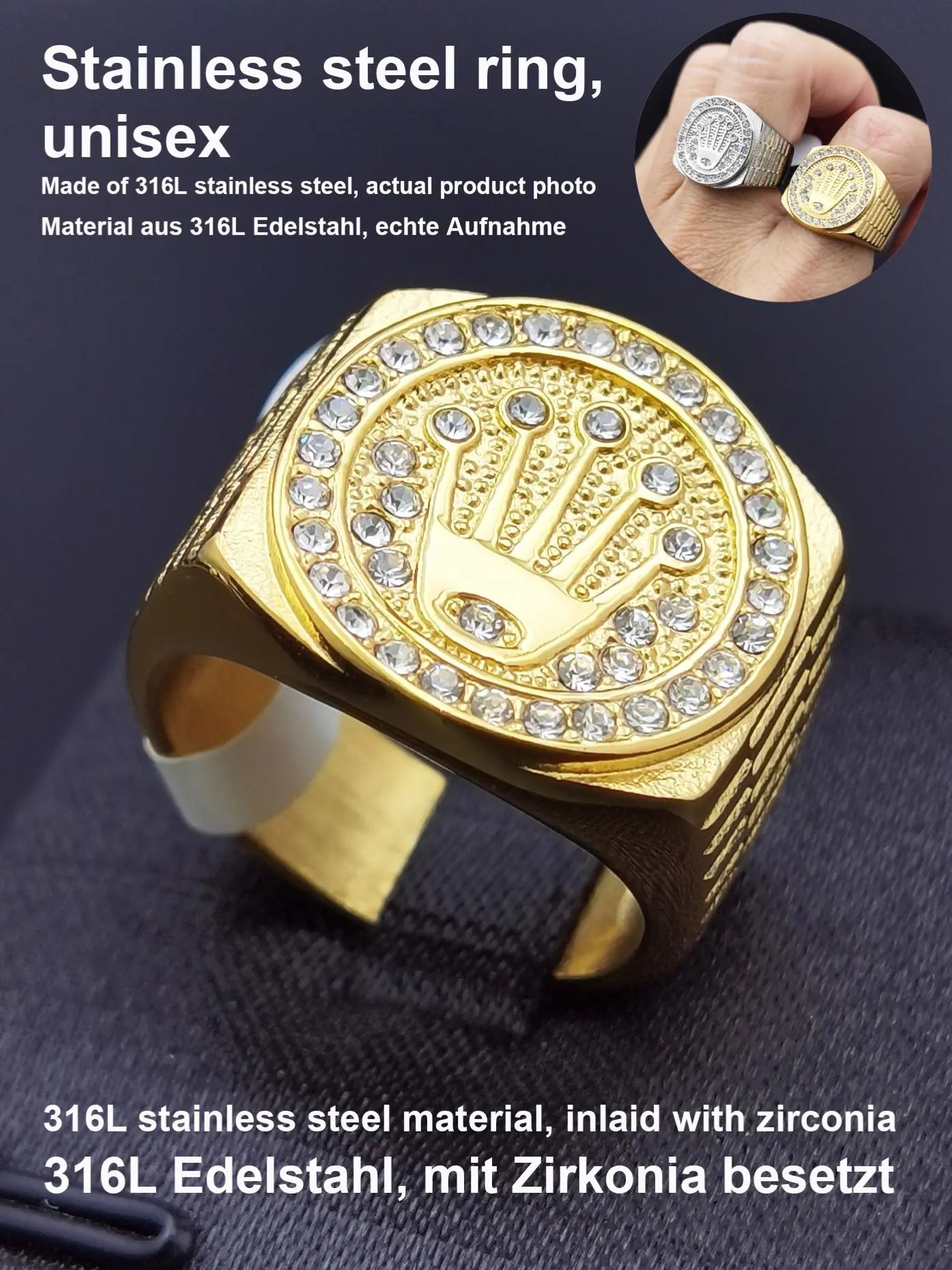 Royal Crown Ring Symbol, Elegant Glittering Ring, 316L Stainless Steel Zirconia, Unisex Party Gift Jewelry, Men Women Fashion Accessory